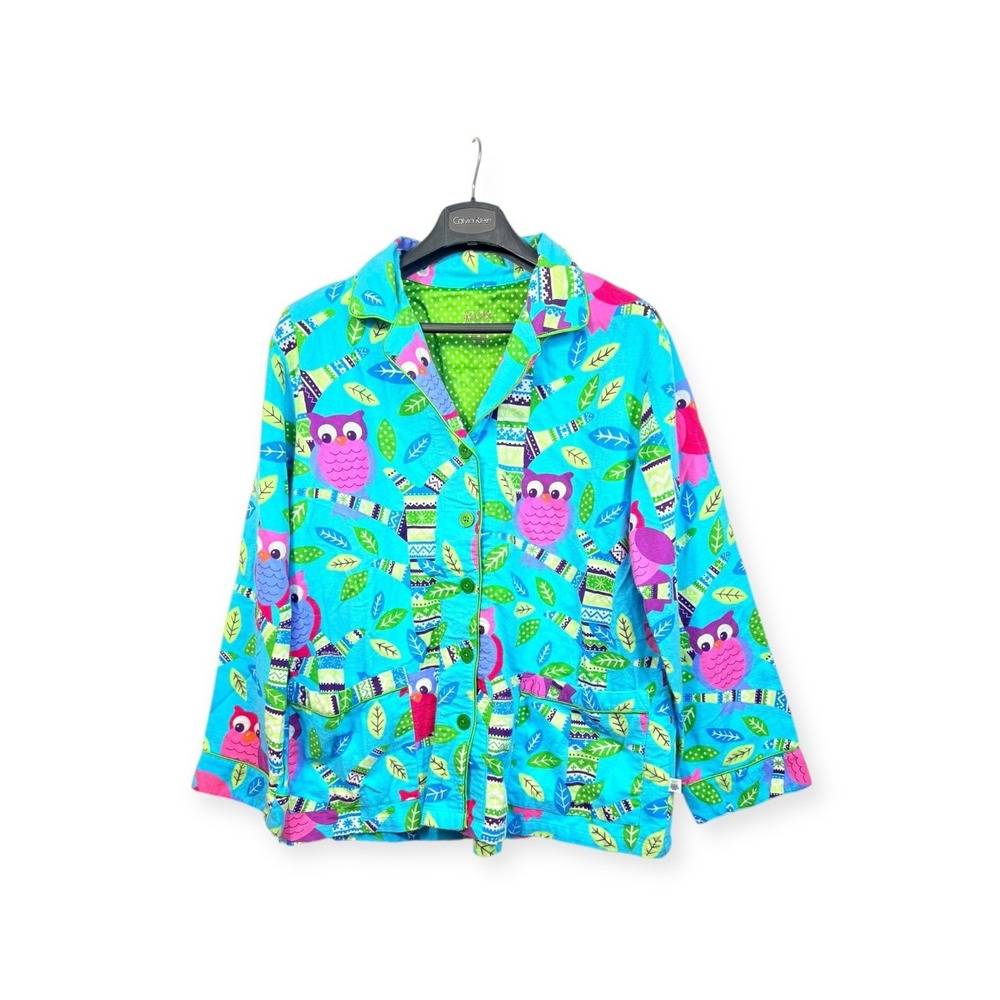 Vtg Womens Nick & Nora‎ Xxl Owl Print Flannel Pj Top EUC Pockets